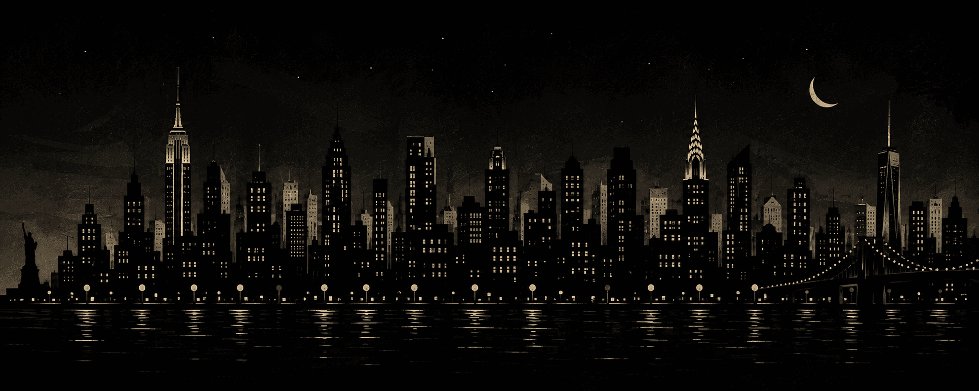 Illustrated Art Deco skyline of Manhattan at night, with lit windows and a crescent moon over the East River